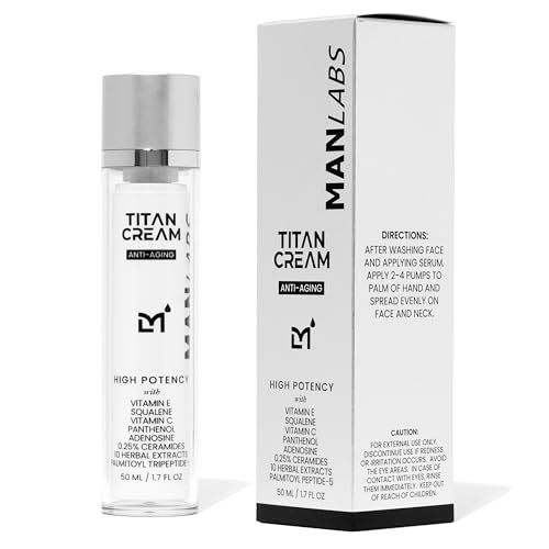 Man Labs Titan Men&#39;s Anti Aging Face Cream - Light Facial Moisturizer for Men with Herbal Extracts, Ceramides, Vitamins E and C, Squalane - Mens Skincare for All Skin Types - Unscented, 1.7 Fl Oz