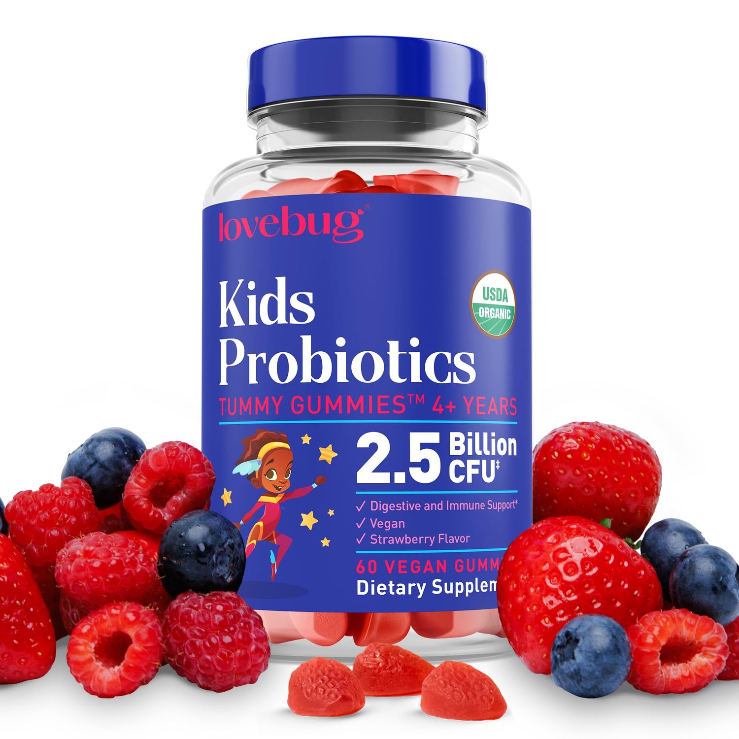 Lovebug Kids Probiotic Gummies - Organic Chewable Probiotics for Kids Aged 4, Soil-Based Children s Probiotic for Gut Health, Constipation, Digestive Immune Support, Vegan, 60 Chews, Strawberry