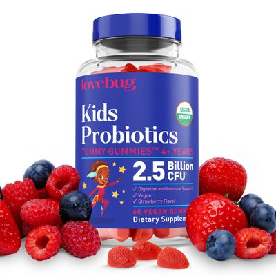 Lovebug Kids Probiotic Gummies - Organic Chewable Probiotics for Kids Aged 4, Soil-Based Children s Probiotic for Gut Health, Constipation, Digestive Immune Support, Vegan, 60 Chews, Strawberry