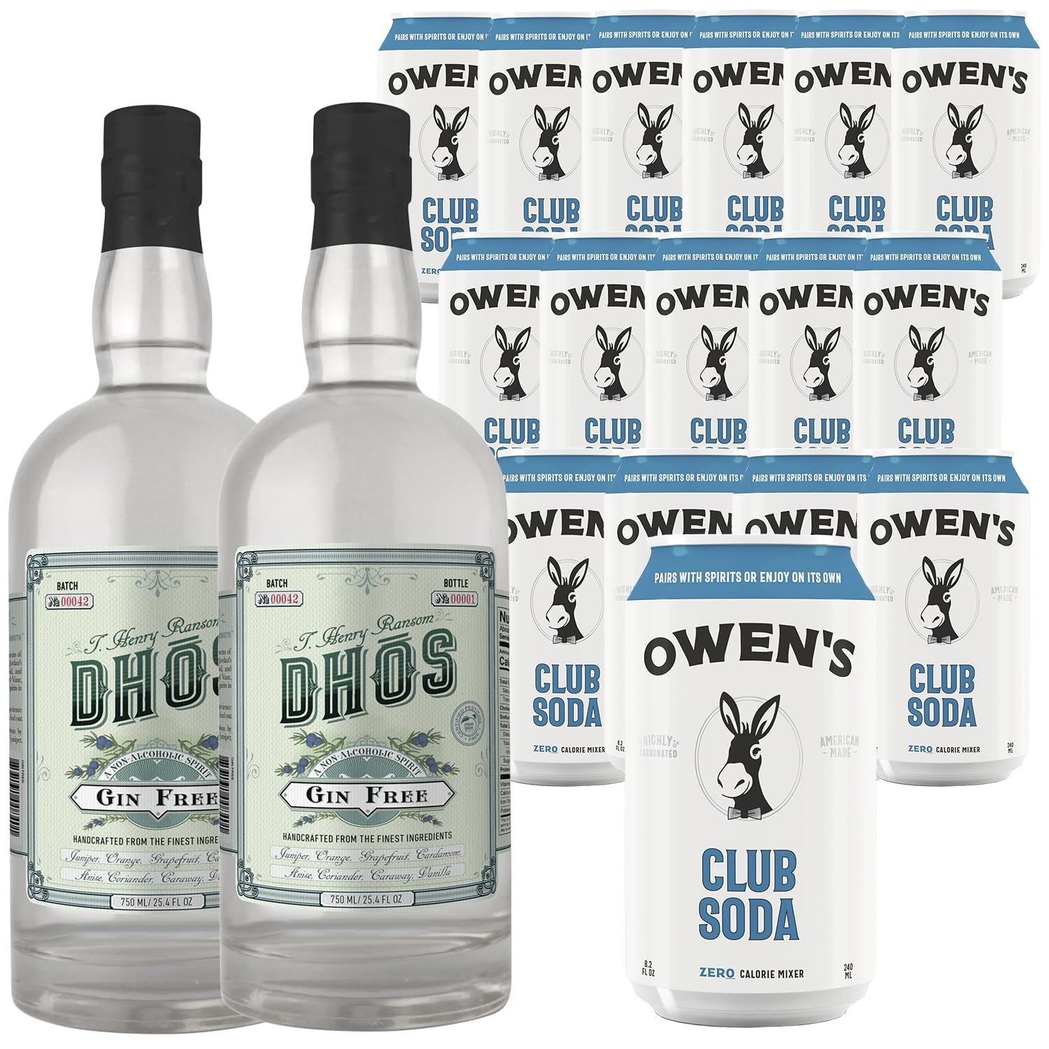 Dh s Handcrafted Non-Alcoholic Gin 750 ML Bottles w Pack Owen s Mixers Club Soda 8.2 OZ Cans - Perfect for Mocktails - Made in USA