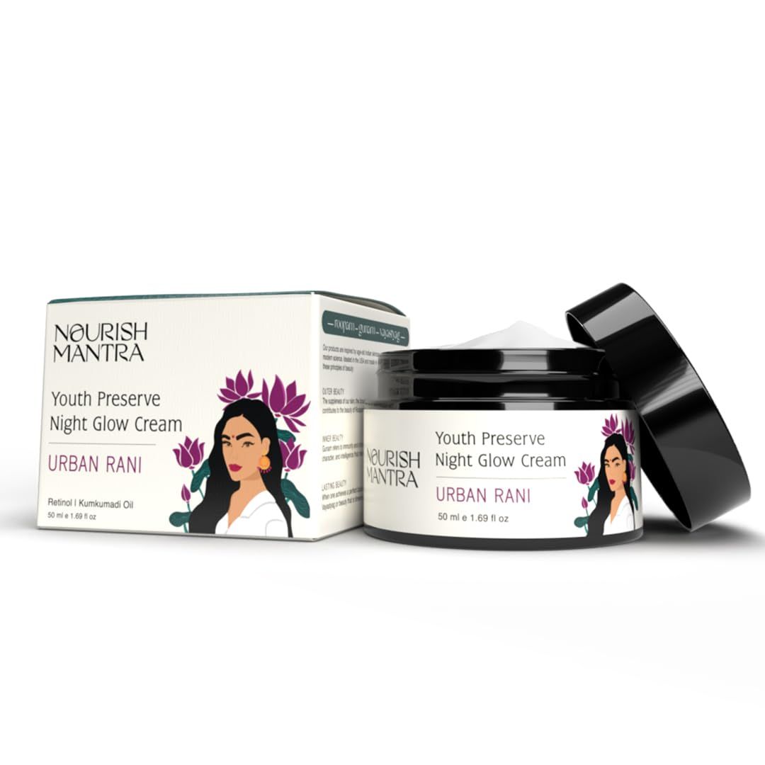 NOURISH MANTRA Urban Youth Preserve Night Glow CreamWith Retinol, Hyaluronic Acid, CICA, and Ashwagandha ExtractsHydrates, Repairs Skin Addresses signs of agingAll Skin Types 50ml