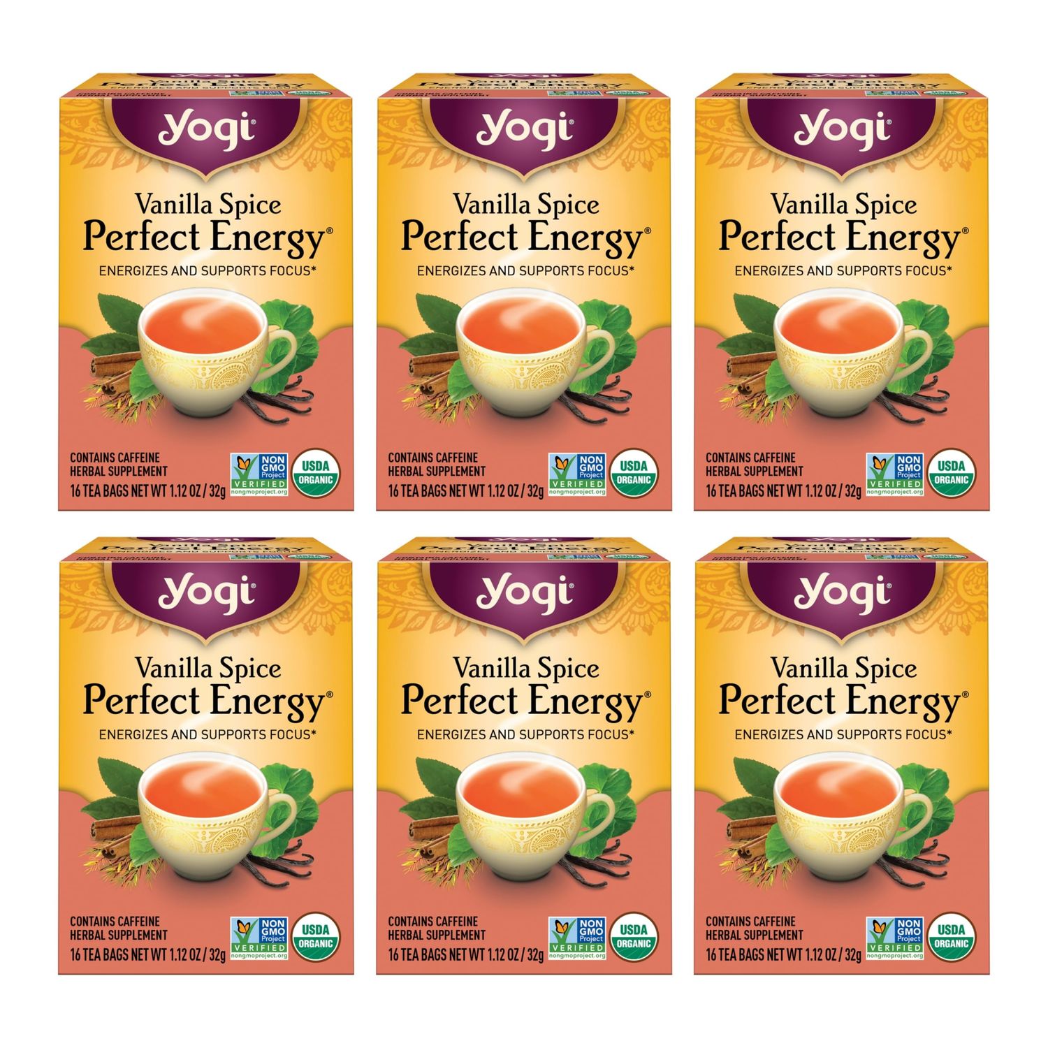 Yogi Tea Vanilla Spice Perfect Energy Tea - 16 Tea Bags per Pack (6 Packs) - Organic Vanilla Energy Tea - Focus Tea - Includes Green Tea, Black Tea, Ashwagandha, L-Theanine More