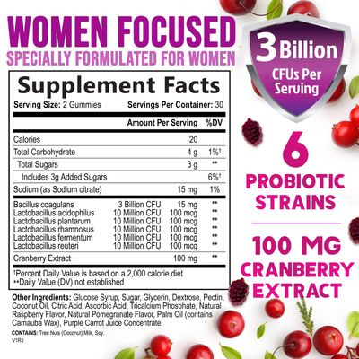 Probiotics for Women Gummy - 6 Diverse Strains w Cranberry, PH Balance, Digestive Feminine Health Support, 3 Billion CFU Womens Probiotic for Urinary Immune Support, Non-GMO - 60 Gummies