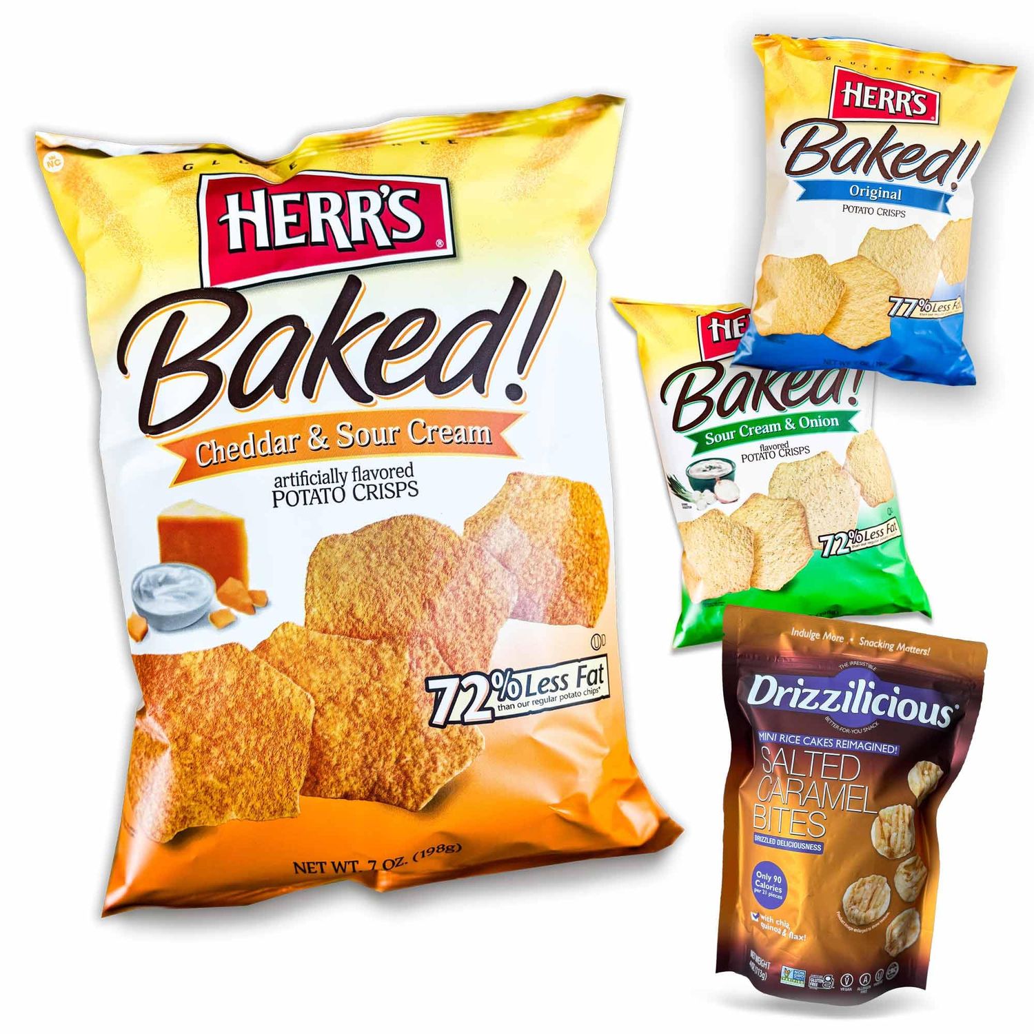 Baked Potato Crisps (3, 7oz bags) - Original - Sour Cream Onion - Cheddar Sour Cream - Salted Caramel Bites Mini Rice Cakes (4oz) - 4 Items