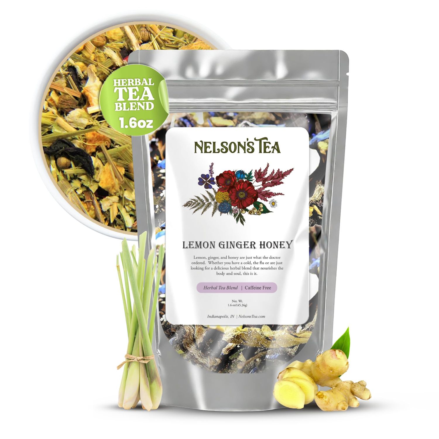 Nelson&#39;s Tea - Lemon Ginger Honey - Herbal loose leaf tea - Caffeine Free - Echinacea, ginger root, lemongrass, bee pollen, marshmallow root, coriander, hibiscus, lemon peel, and oat straw - 1.6 oz