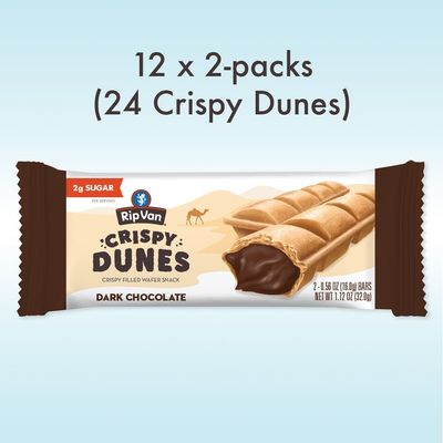 Crispy Dunes Vegan Dark Chocolate Wafer Sticks - Low-Calorie Snack with Dark Chocolate Cream Filling, 90 Calories, Non-GMO, Prebiotic Fiber - 12 Pack