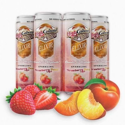 High Ground Elixir Mushroom Seltzer - Strawberry Peach Lion s Mane for Focus, Reishi for Stress, Cordyceps, Chaga, Turkey Tail, L-Theanine Adaptogen Drink Low Cal, No Added Sugar, 12oz Cans, 4 Pack