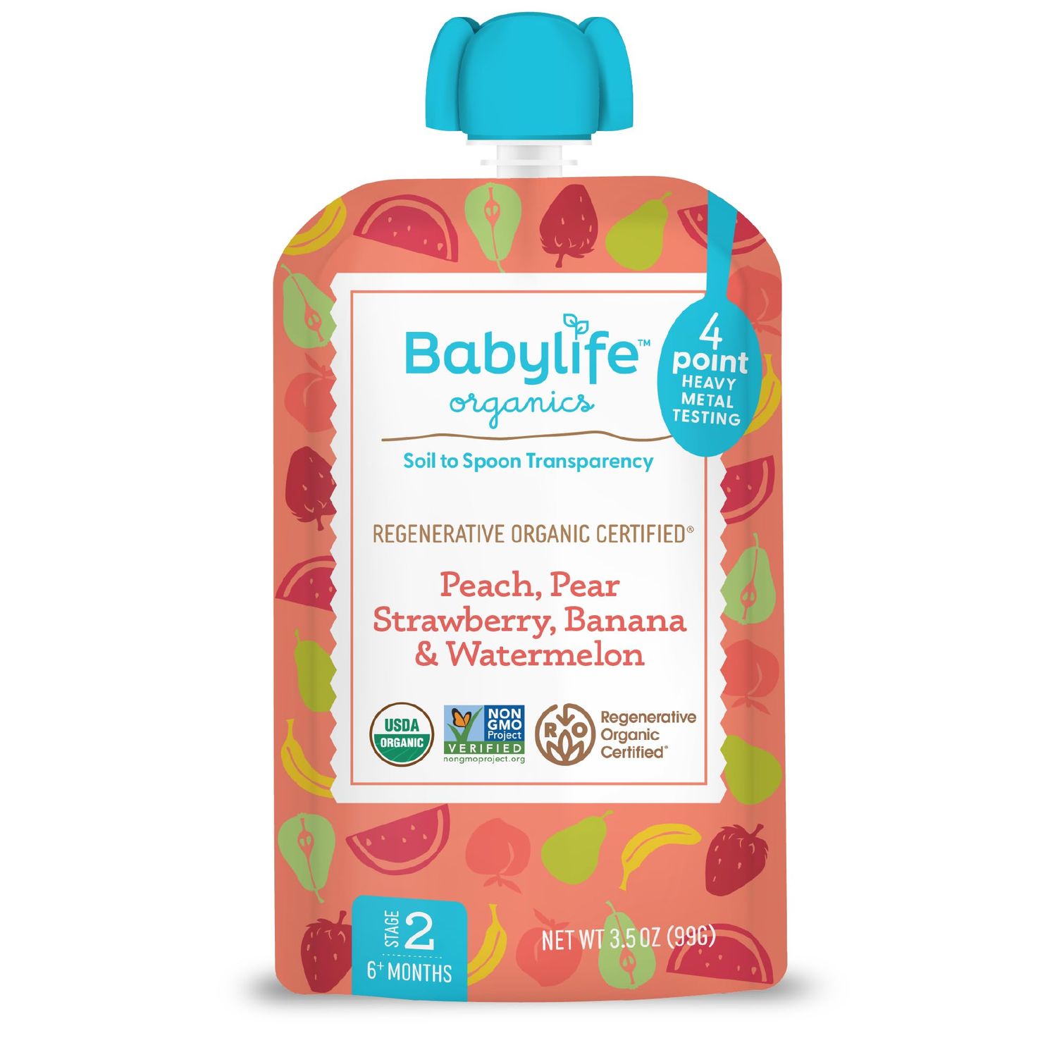 Babylife Organics Stage 2 - Heavy Metal Safe, Organic Baby Food - Peach, Pear, Strawberry, Banana Watermelon, 3.5 Ounce Pouch (6 Pack)
