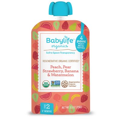 Babylife Organics Stage 2 - Heavy Metal Safe, Organic Baby Food - Peach, Pear, Strawberry, Banana Watermelon, 3.5 Ounce Pouch (6 Pack)