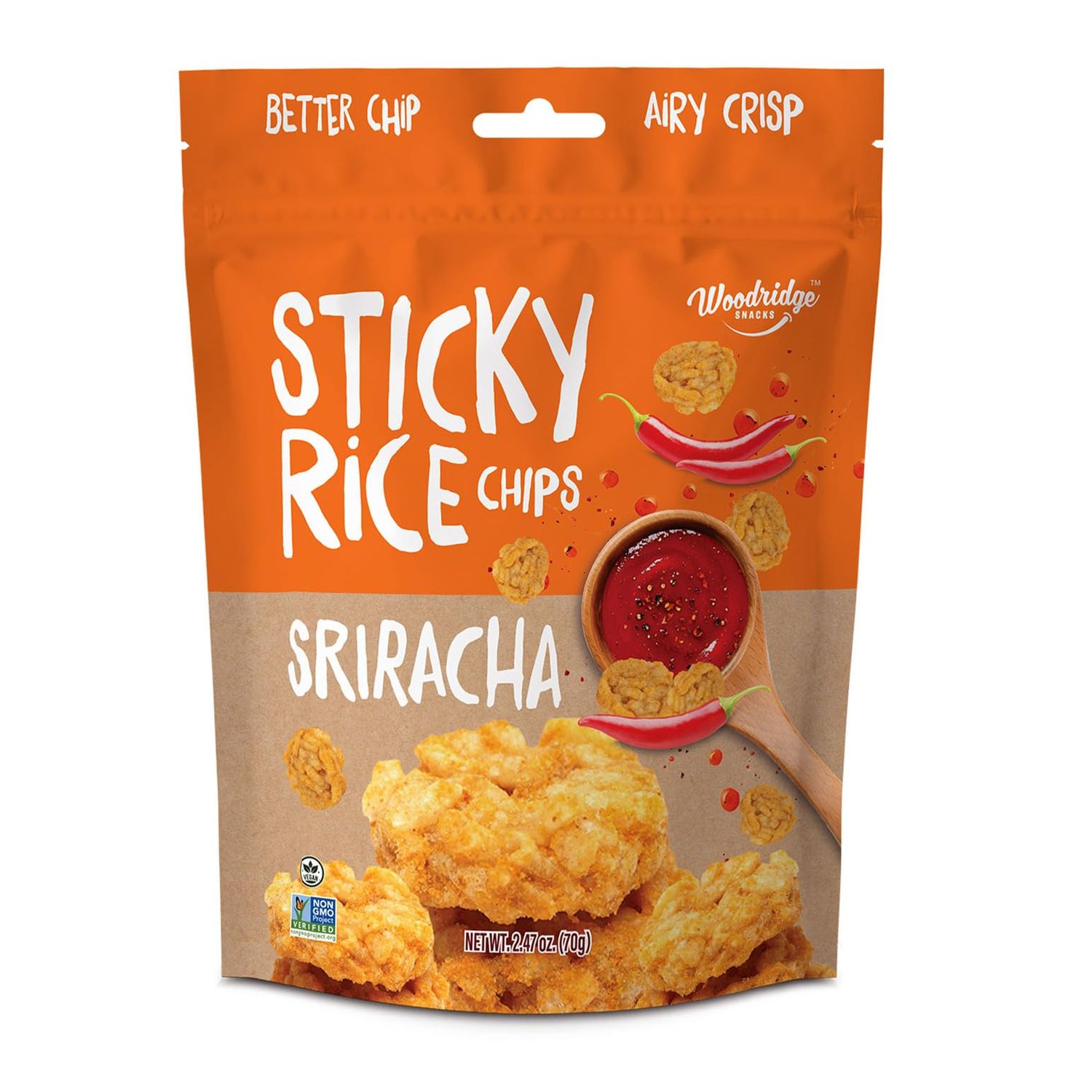 Woodridge Snacks Sticky Rice Chips Sriracha Flavor 6 Pack 2.47 OZ (70g) Bags