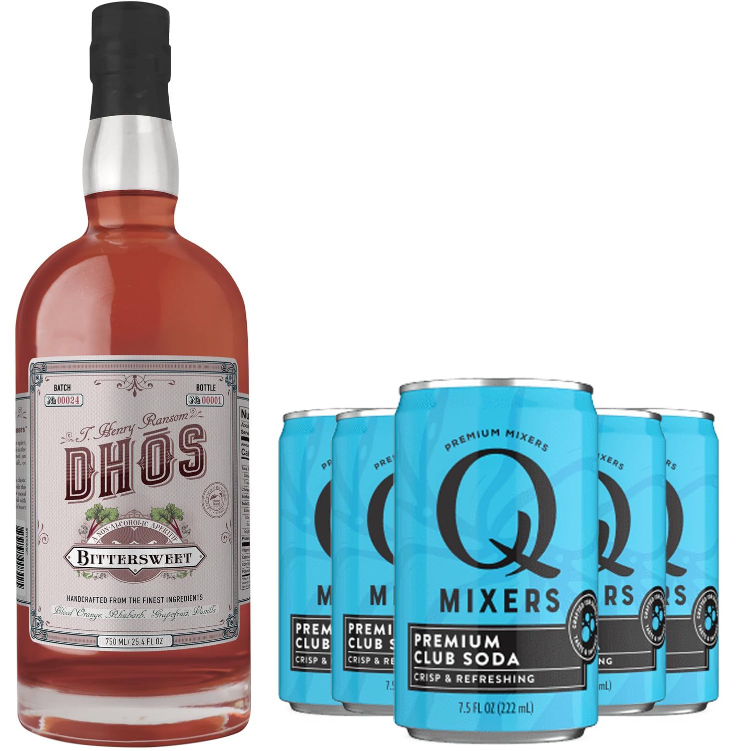 Dhos Handcrafted Non-Alcoholic Bittersweet w 5 Pack Q Mixers Club Soda - Keto-Friendly, Zero Sugar, Zero Calories, Zero Proof - 750 ML - Perfect for Mocktails - Made in USA