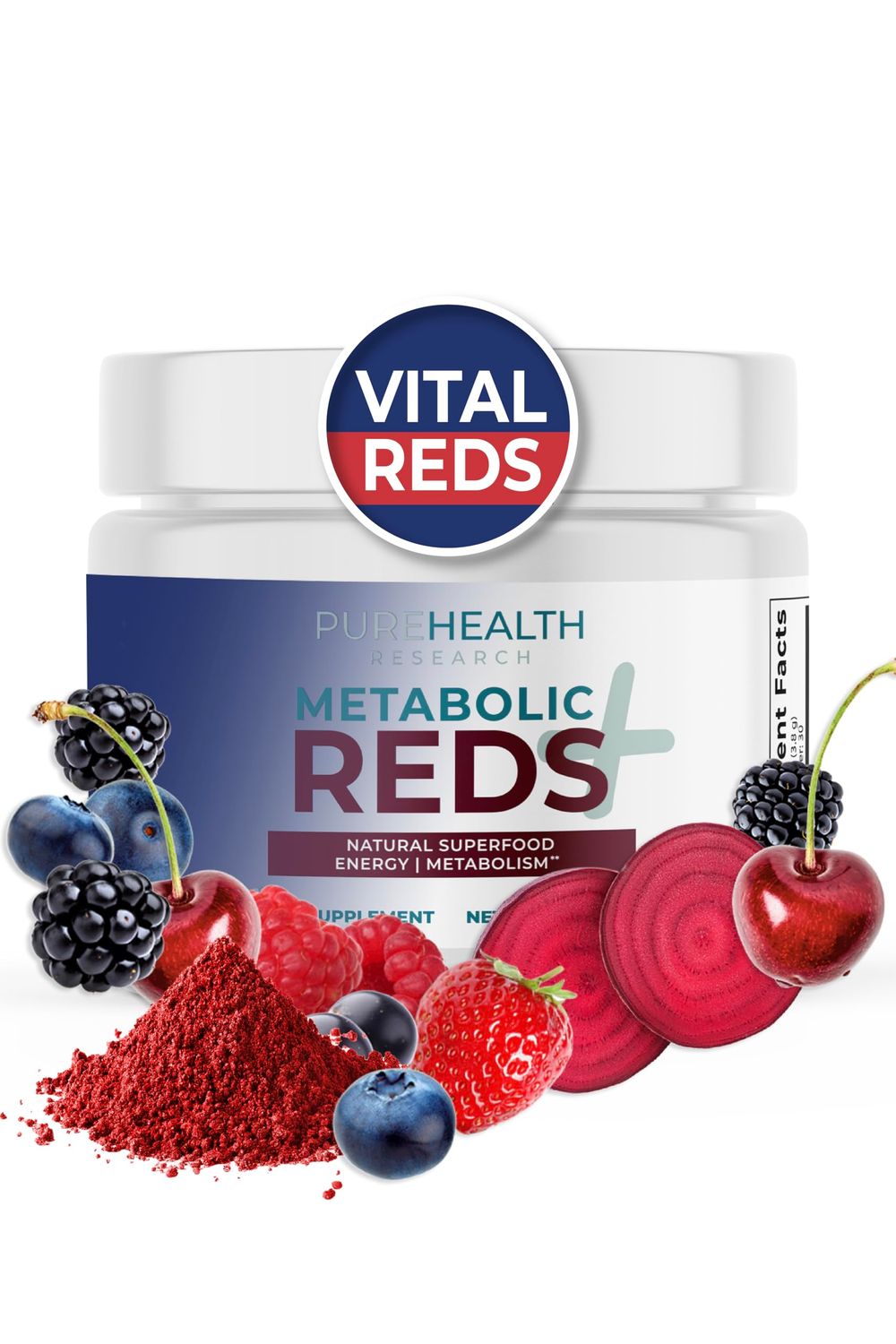 PUREHEALTH RESEARCH Reds Superfoods Powder - Only 10 Calories Fruit and Vegetable Adaptogen Drink with Beetroot, Polyphenols, Probiotic Powder - Antioxidants Supplement for Energy, 30 Servings
