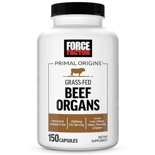 FORCE FACTOR Primal Origins Beef Organ Supplement Made with Pasture-Raised, Grass Fed Including Beef Liver, Kidney, Heart, Pancreas, Spleen, Hormone Free, Non-GMO, 150 Capsules