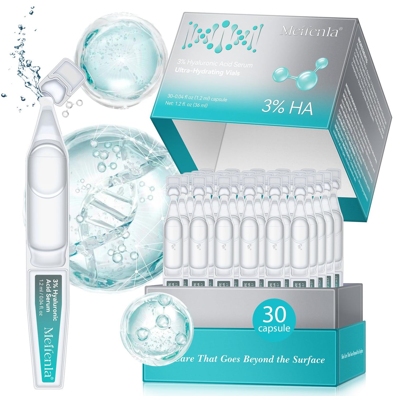 Hyaluronic Acid Serum for Face, 3 Hyaluronic Acid Serum Ultra-Hydrating Tube, Anti Aging Single-Use Vials Skincare for Dry Skin, Smoother Skin, Deep Moisturizing, Pre-Makeup Skincare - 1 Box of 30