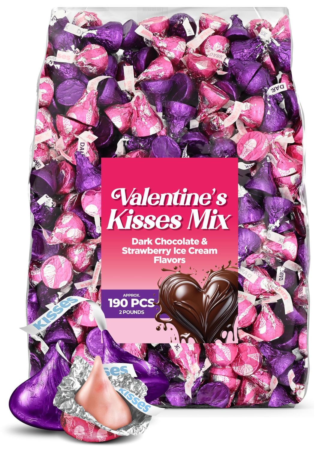 Hershey Kisses Valentine&#39;s Mix - 2 lb Bag (Approx. 190 Pieces) Dark Chocolate Strawberry Ice Cream Flavors, Festive Candy for Valentine s Day, Gift Bags, Candy Bowls, and Party Favors