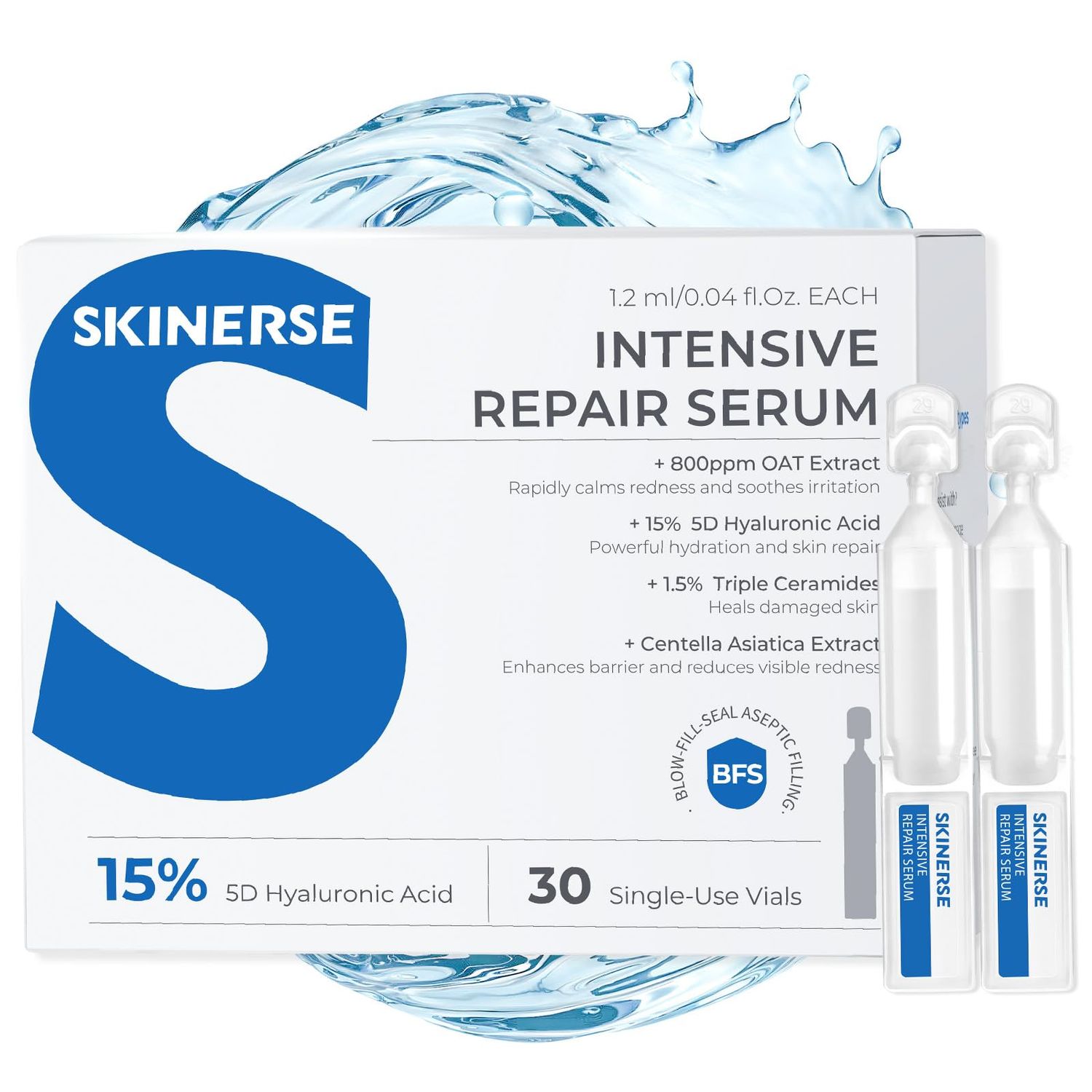 Skinerse Intensive Repair Serum, 15 Hyaluronic Acid Serum with Ceramides and Centella Extract, Barrier Repair Redness Reilef Rosacea Treatment for Face Sensitive Acne Prone Skin, 30 Vials