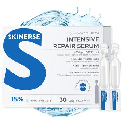 Skinerse Intensive Repair Serum, 15 Hyaluronic Acid Serum with Ceramides and Centella Extract, Barrier Repair Redness Reilef Rosacea Treatment for Face Sensitive Acne Prone Skin, 30 Vials