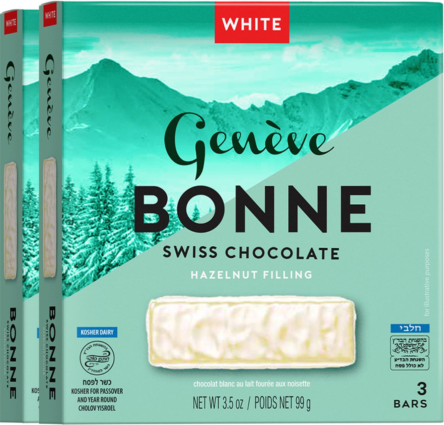 Geneve Bonne White Milk Chocolate Bar, Swiss Chocolate with Hazelnut Filling (2 Pack - 6 Bars) Rich Chocolate Kosher for Passover Chocolate Individually Wrapped