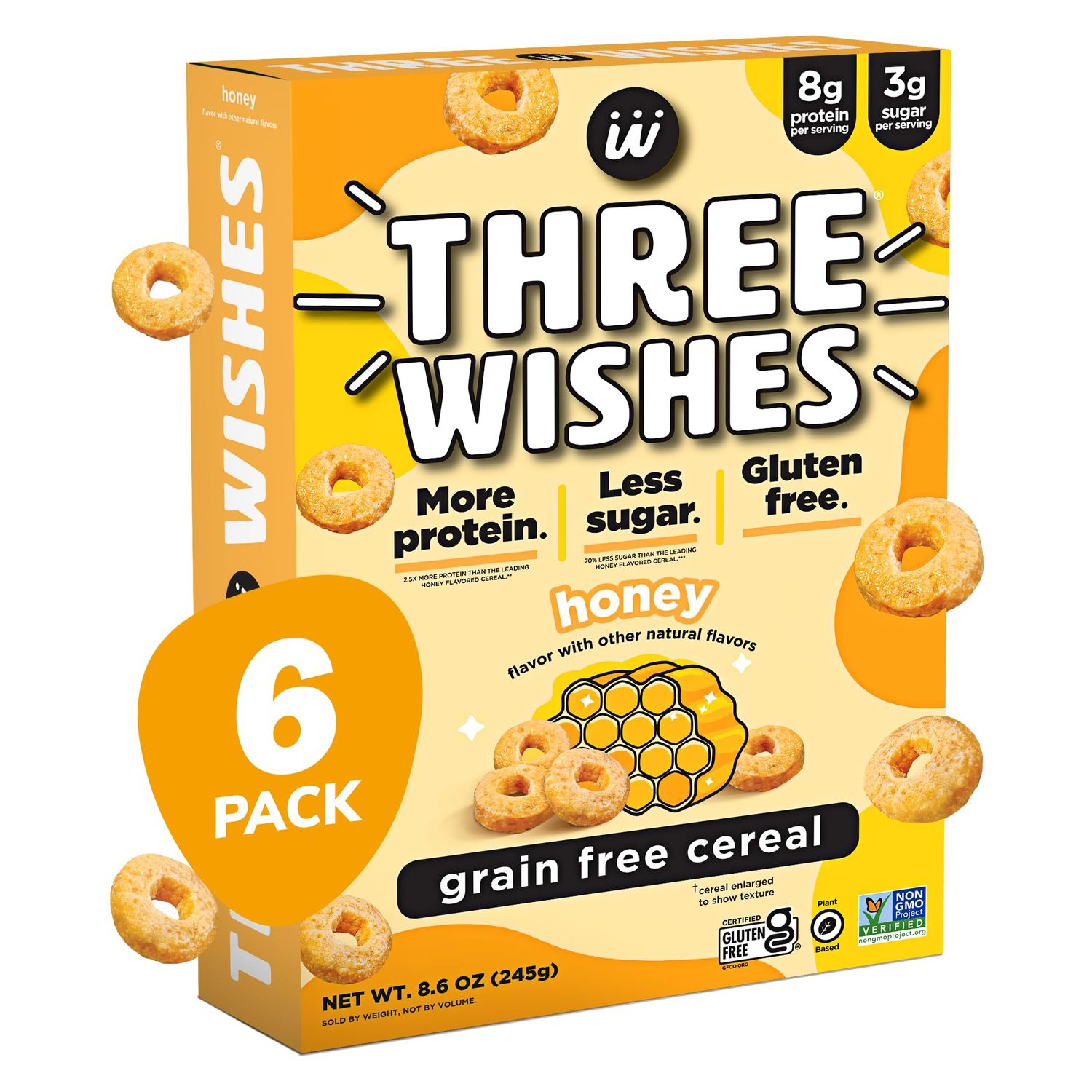 Plant-Based and Vegan Breakfast Cereal by Three Wishes - Honey, 6 Pack - More Protein and Less Sugar Snack - Gluten-Free, Grain-Free - Non-GMO