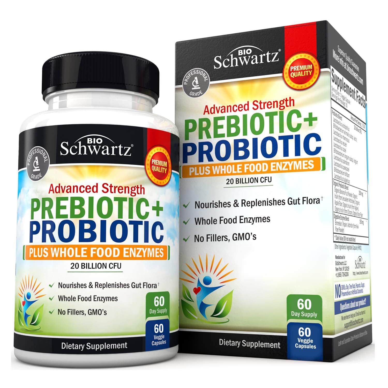 Prebiotics and Probiotic with Whole Food Enzymes for Adults Women Men - Probiotics Lactobacillus Acidophilus - Digestive Health Capsules Shelf Stable Supplement - Non-GMO Gluten Dairy Free -60ct