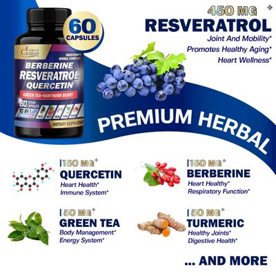 Organic Cadane Resveratrol Supplement - 10in1 Plus with Quercetin, Berberine, Green Tea, Grape Seed, Hawthorn Berry, Turmeric, Rhodiola Rosea, Ginkgo Biloba, and Black Pepper - 60 Capsules