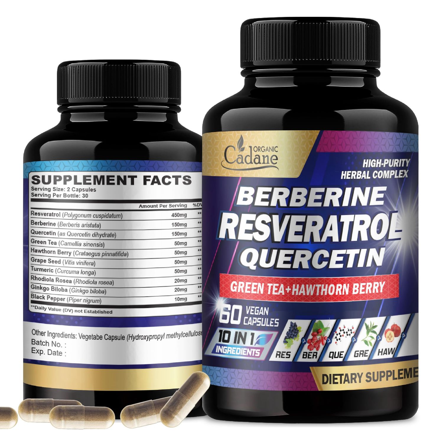 Organic Cadane Resveratrol Supplement - 10in1 Plus with Quercetin, Berberine, Green Tea, Grape Seed, Hawthorn Berry, Turmeric, Rhodiola Rosea, Ginkgo Biloba, and Black Pepper - 60 Capsules