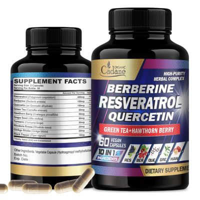 Organic Cadane Resveratrol Supplement - 10in1 Plus with Quercetin, Berberine, Green Tea, Grape Seed, Hawthorn Berry, Turmeric, Rhodiola Rosea, Ginkgo Biloba, and Black Pepper - 60 Capsules