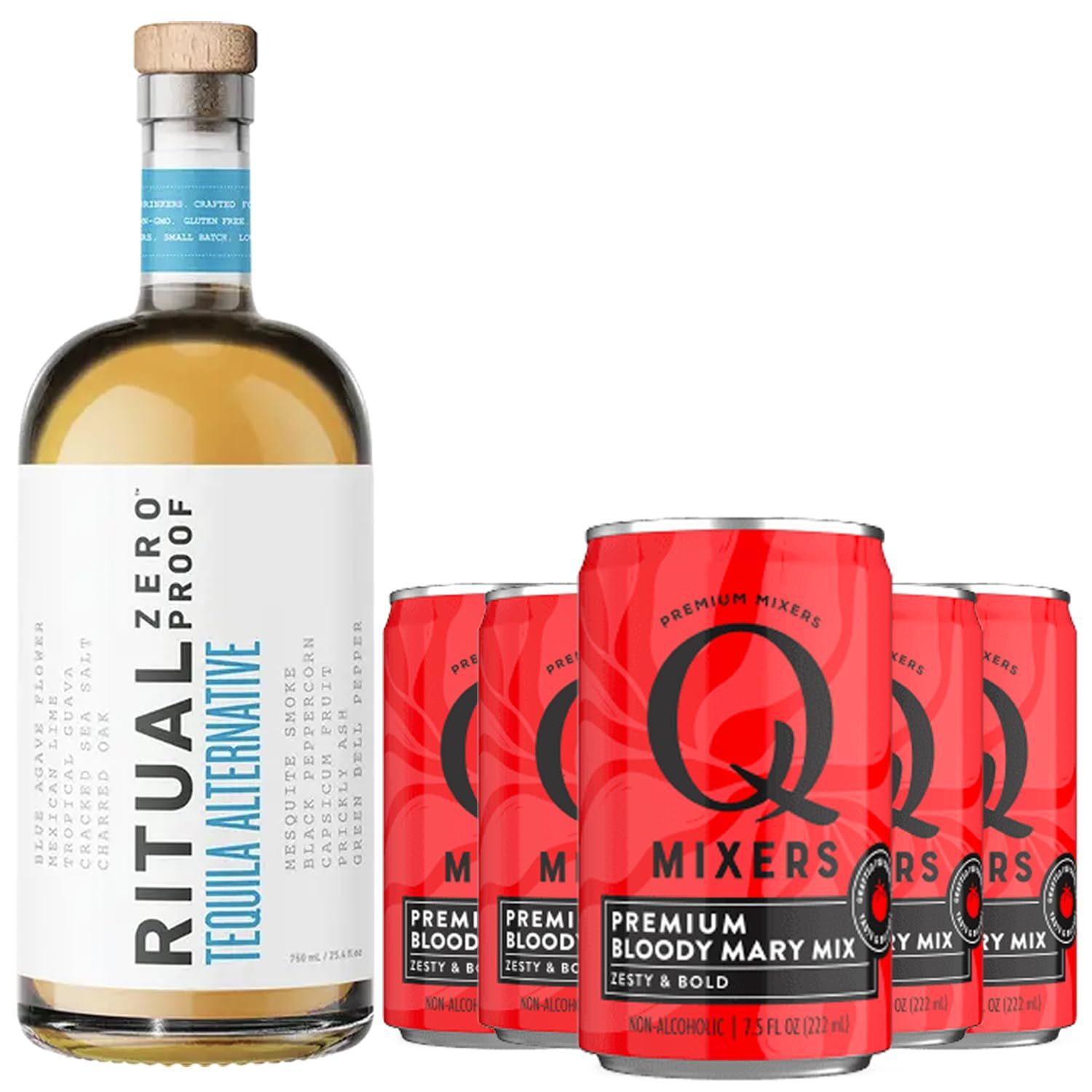 ChromaCast Ritual Zero Non-Alcoholic Tequila Alternative with 5 Pack of Q Mixers Bloody Mary Mix for your favorite Alcohol-Free Mixed Drink