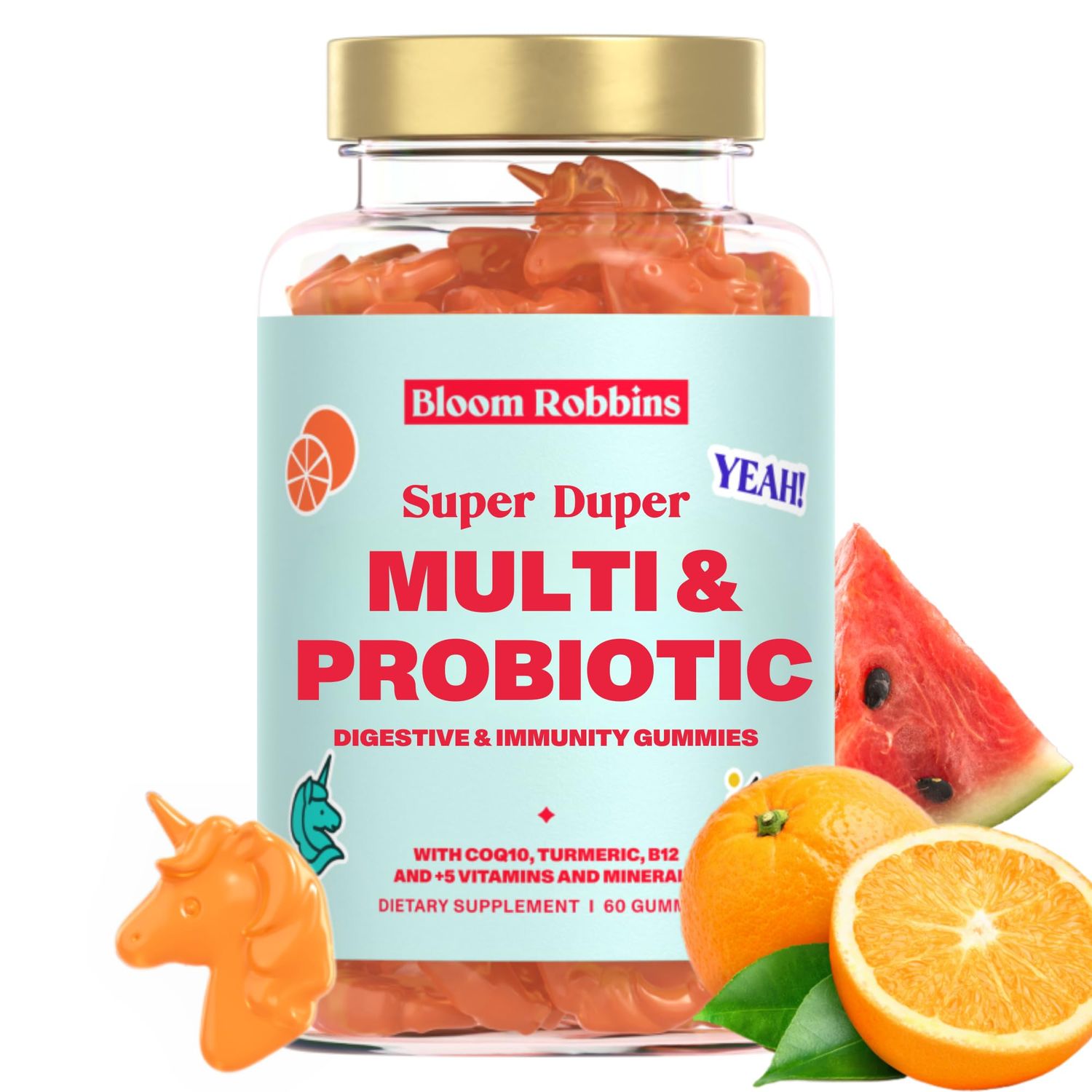 Bloom Robbins Probiotic Gummies - Fiber Gummie for Adults and Probiotics Digestive Health Gummies for Women with Turmeric Root Extract - Non-GMO Vegan Vitamins