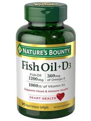 Nature&#39;s Bounty Fish Oil plus Vitamin D3, 360mg Omega 3, Supports Immune Heart Health, 1200mg Fish Oil with 1000IU Vitamin D3, 90 Softgels