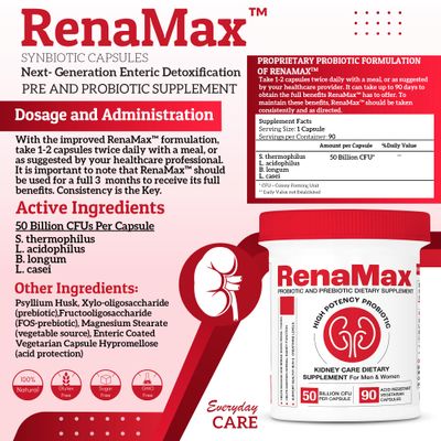 RENAMAX Capsule Kidney Restores Kidney Care Supplement - Probiotic Prebiotic Supplement to Support Normal Kidney Function - 50 Billion CFU per Capsule - Made in U.S.A (90 Caps (1 Pack))