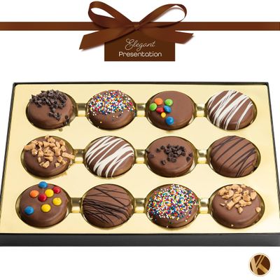 KREMERY Creamy Chocolate Cravings - Mothers Day, Chocolate Covered Sandwich Cookies Cream Gift Basket, in Sectional Gift Box (12 Cookies, Assorted Sweet Toppings) Kosher Dairy, USA Made
