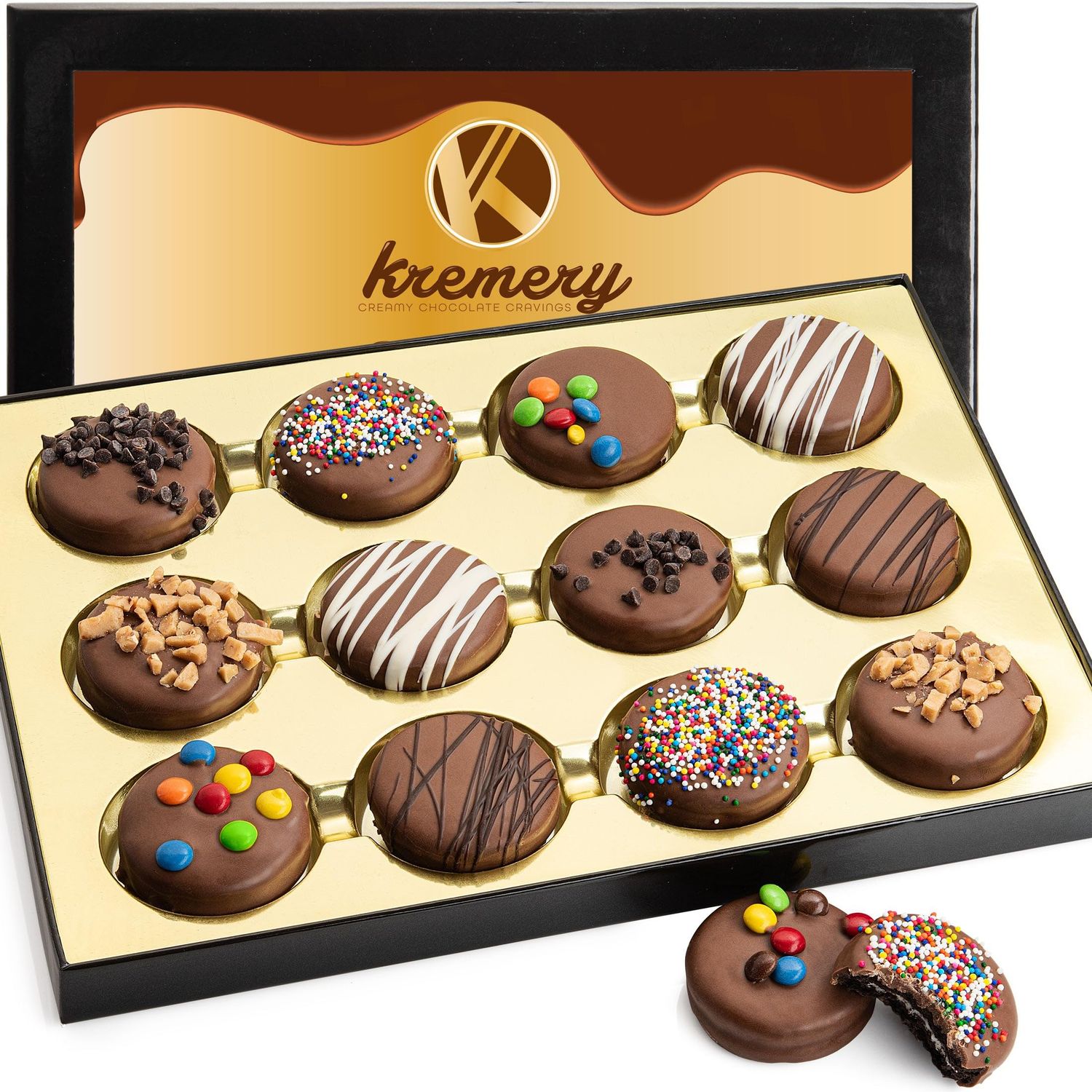 KREMERY Creamy Chocolate Cravings - Mothers Day, Chocolate Covered Sandwich Cookies Cream Gift Basket, in Sectional Gift Box (12 Cookies, Assorted Sweet Toppings) Kosher Dairy, USA Made