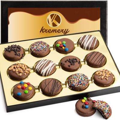 KREMERY Creamy Chocolate Cravings - Mothers Day, Chocolate Covered Sandwich Cookies Cream Gift Basket, in Sectional Gift Box (12 Cookies, Assorted Sweet Toppings) Kosher Dairy, USA Made