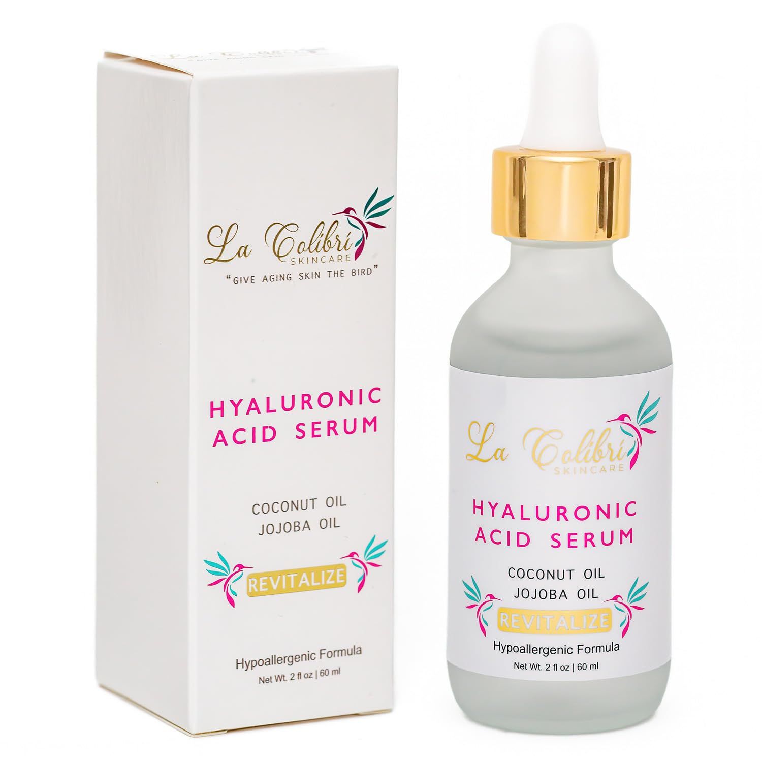 La Colibri Skincare Revitalize Vegan Hyaluronic Acid Serum for Face - Deeply Hydrating Hypoallergenic Face Serum Hyaluronic Acid with Organic Coconut Oil and Jojoba Oil for Aging Skin - 2 Ounces