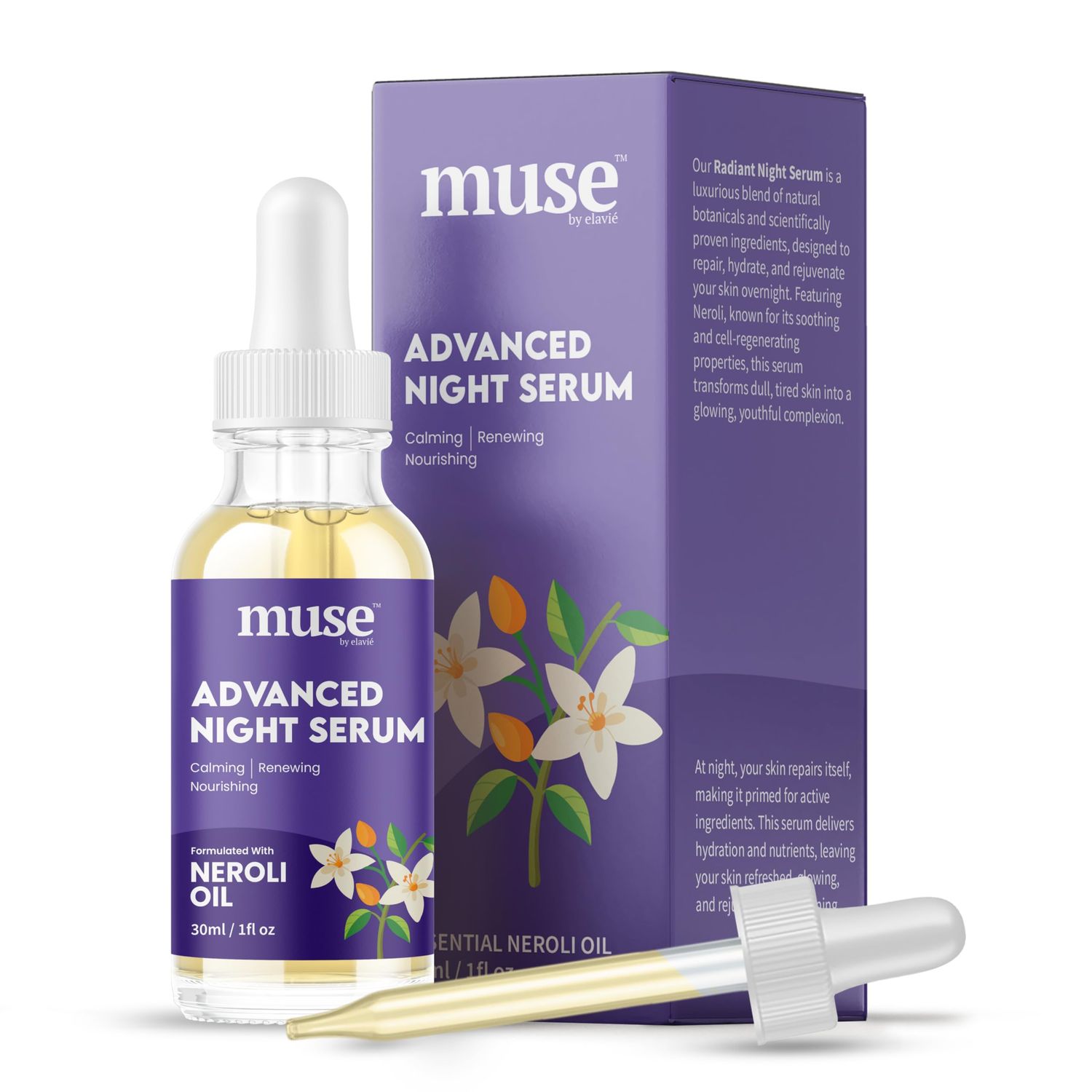 Muse by Elavi - Advanced Night Serum - 1 Squalane for Deep Hydration Skin Repair, Overnight Recovery for Fine Lines Dryness, Lightweight, Fast-Absorbing Formula - 1 oz