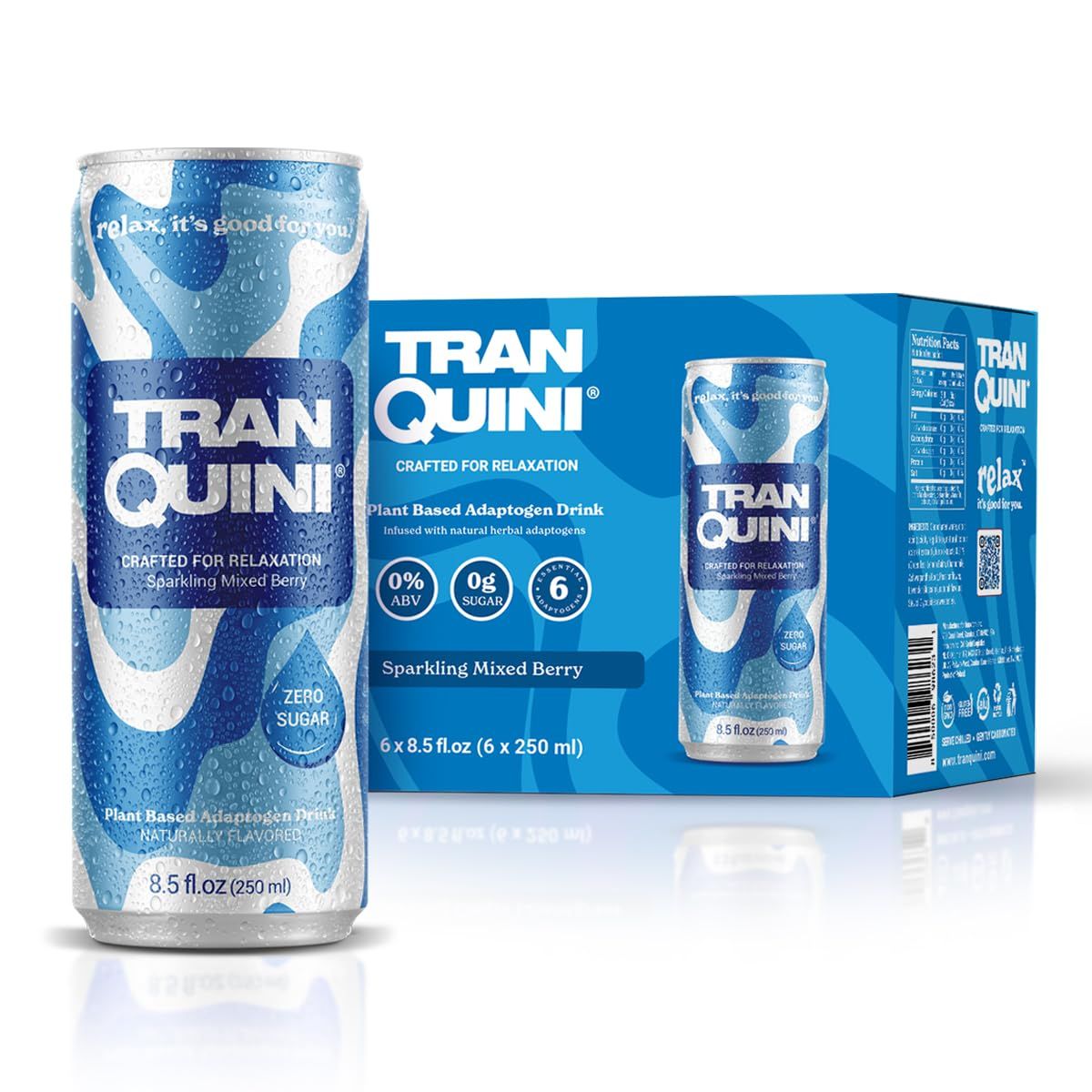 Tranquini Modern Soda With 6 Herbal Adaptogens Sparkling Stress Relief Soda Sugar Free, Non Alcoholic, Gluten Free, Vegan - 250ml Mixed Berry (6 cans)