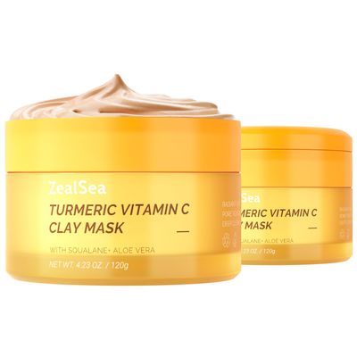 ZealSea Vitamin C American Kaolin Clay Mask with Turmeric, Pro Ultra-Fine Creamy Texture, Deep Pore Cleansing Even Skin Tone Brighten Control Oil Detoxify, 30 Aloe, Jojoba Oil, Shea Butter Squalane