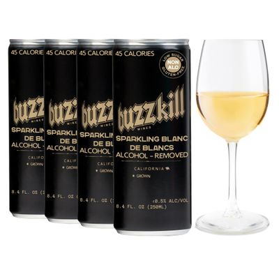 Buzzkill Wines Non-Alcoholic Sparkling Blanc de Blancs Dealcoholized California Dry White Wine, Gluten-Free, Alcohol-Free, Low Sugar, 45 Calories, Pack of 4, (8.4 fl. oz. each can) 33.8 FL Oz