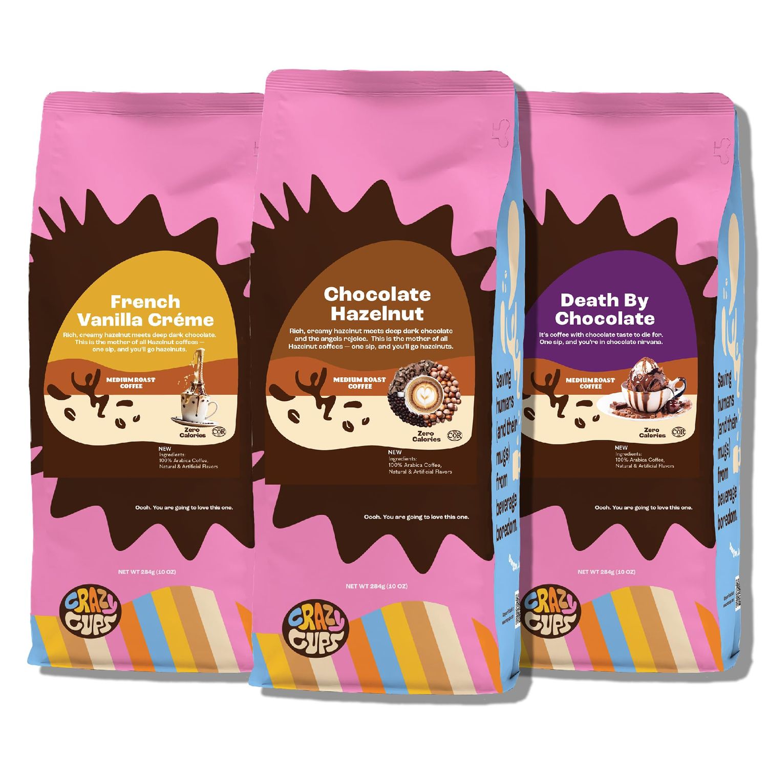 Crazy Cups Flavored Ground Coffee Variety Pack, Includes Chocolate Hazelnut, French Vanilla Creme Death By Chocolate, in 10 oz Bags, Variety 3 Pack