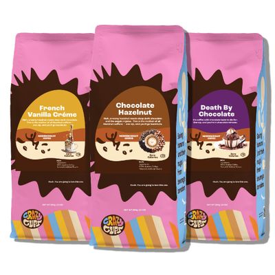 Crazy Cups Flavored Ground Coffee Variety Pack, Includes Chocolate Hazelnut, French Vanilla Creme Death By Chocolate, in 10 oz Bags, Variety 3 Pack