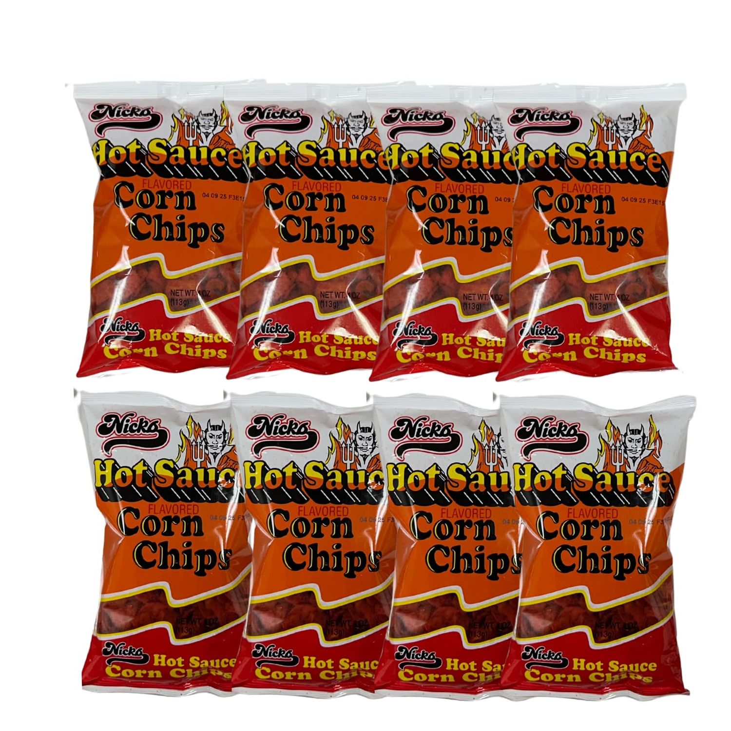 Nick&#39;s Hot Sauce Corn Chips, Spicy, 4 oz Bags, Pack of 8