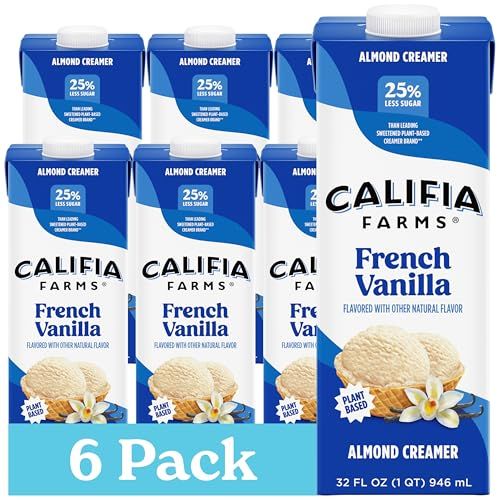 Califia Farms - French Vanilla Almond Milk Coffee Creamer, 32 Oz (Pack of 6), Shelf Stable, Dairy Free, Plant Based, Vegan, Gluten Free, Non GMO, Almond Creamer