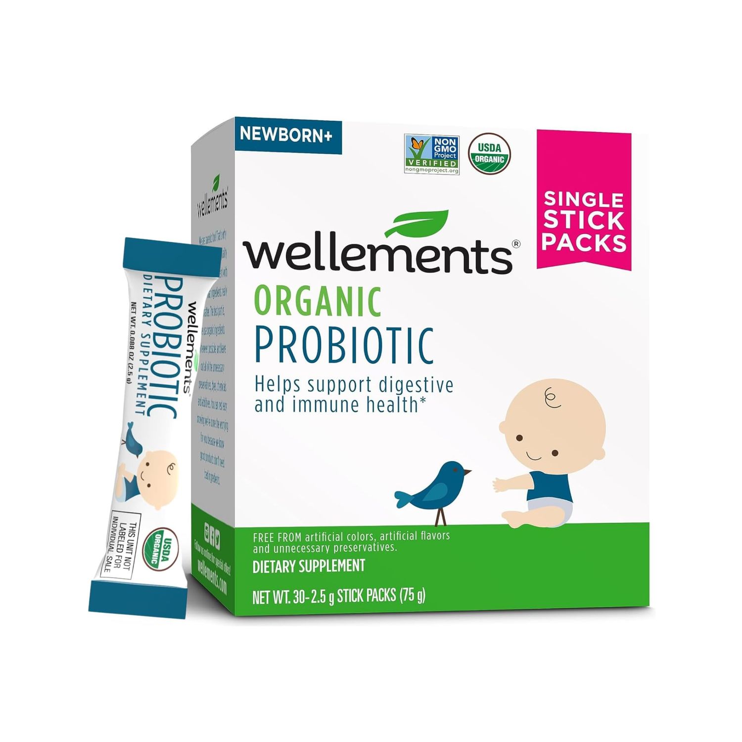 Wellements Organic Probiotic Stick Packs Supports Digestive and Immune Health for Infants, Babies and Toddlers Flavorless and Easy to Use Non-GMO and Top 9 Allergen Free 30ct