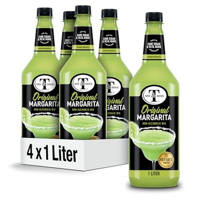 Mr Mrs T Margarita Mix, 1 L bottle (Pack of 4), Tangy Lime Blend Flavored Cocktail Mixer, Made with Cane Sugar, Perfect for Traditional Margarita and Mocktail Drinks