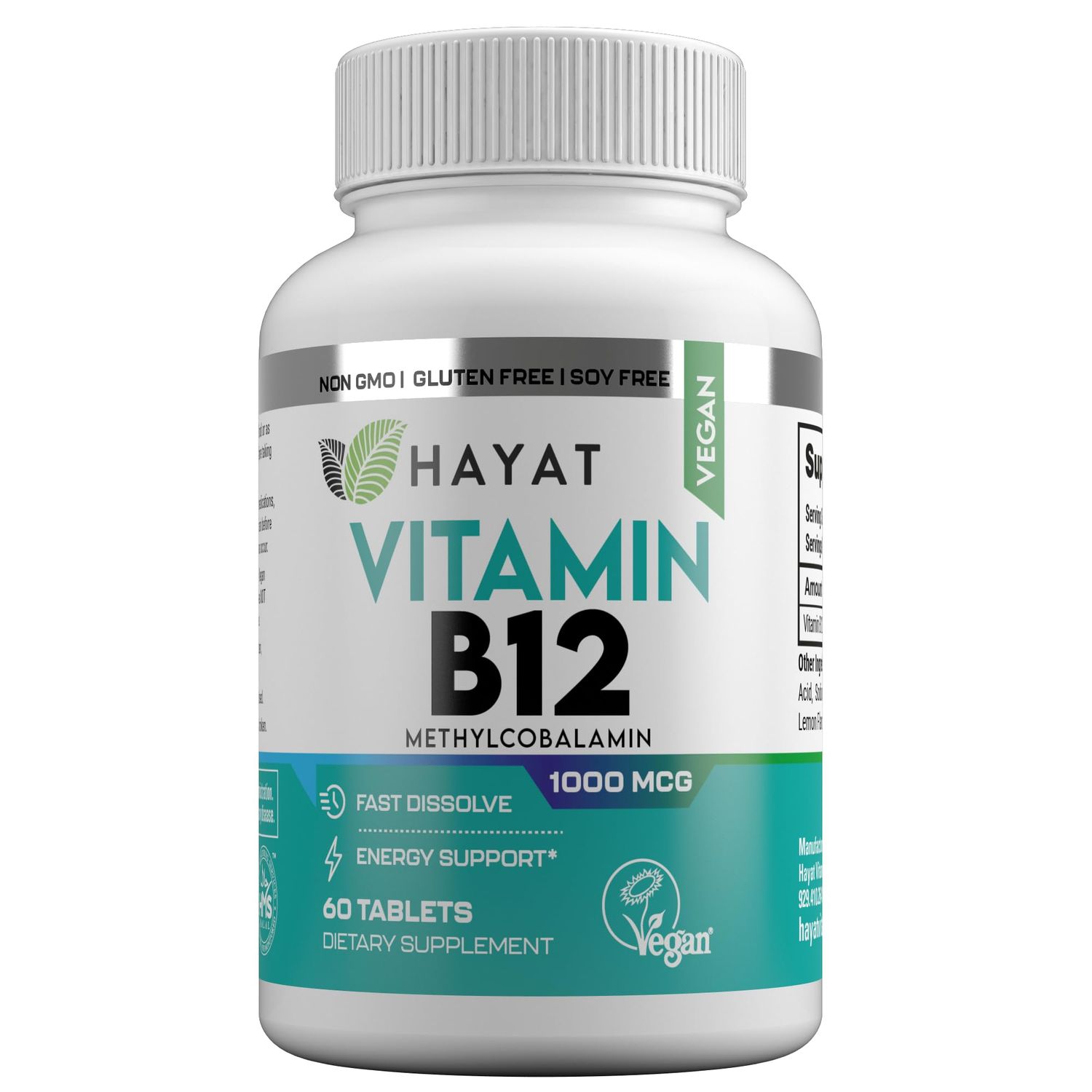 HAYAT Vitamins Vegan Natural Vitamin B12 1000 MCG, Dietary Supplement for Energy Metabolism Support, 2 Month Supply, All Natural, Certified Halal, 60 Tablets, Made in The USA