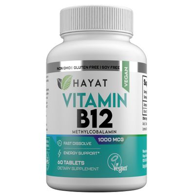 HAYAT Vitamins Vegan Natural Vitamin B12 1000 MCG, Dietary Supplement for Energy Metabolism Support, 2 Month Supply, All Natural, Certified Halal, 60 Tablets, Made in The USA