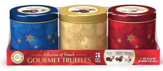 French Gourmet Truffles - 3 Tin flavors: Peppermint, Hazelnut, and Coconut (3-8oz)