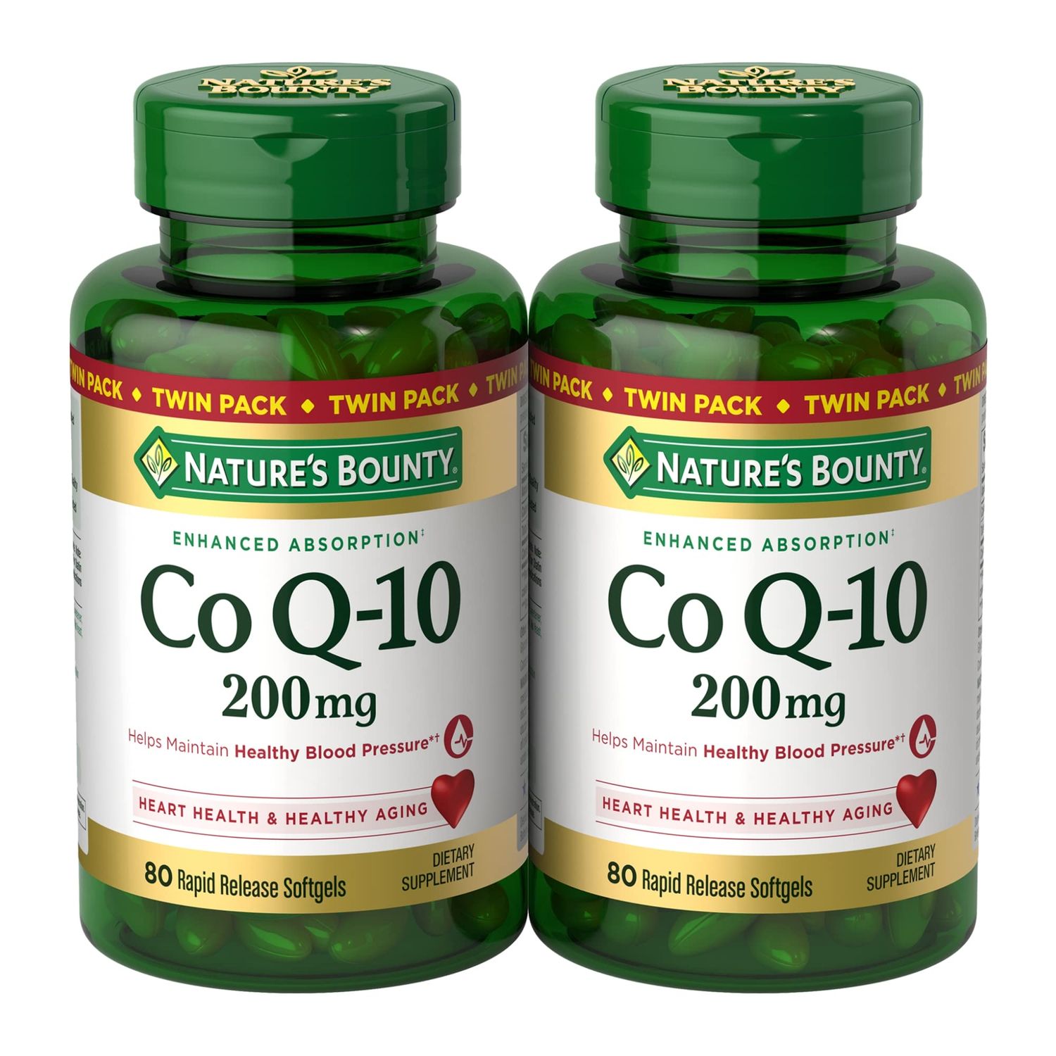 Nature&#39;s Bounty CoQ10 200 mg Softgels, Heart Health Cellular Energy Support, Twin Pack, 160 Rapid Release Softgels