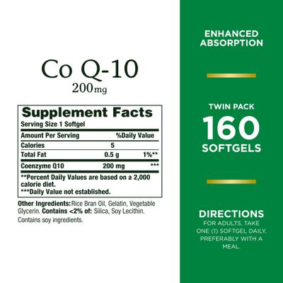 Nature's Bounty CoQ10 200 mg Softgels, Heart Health Cellular Energy Support, Twin Pack, 160 Rapid Release Softgels